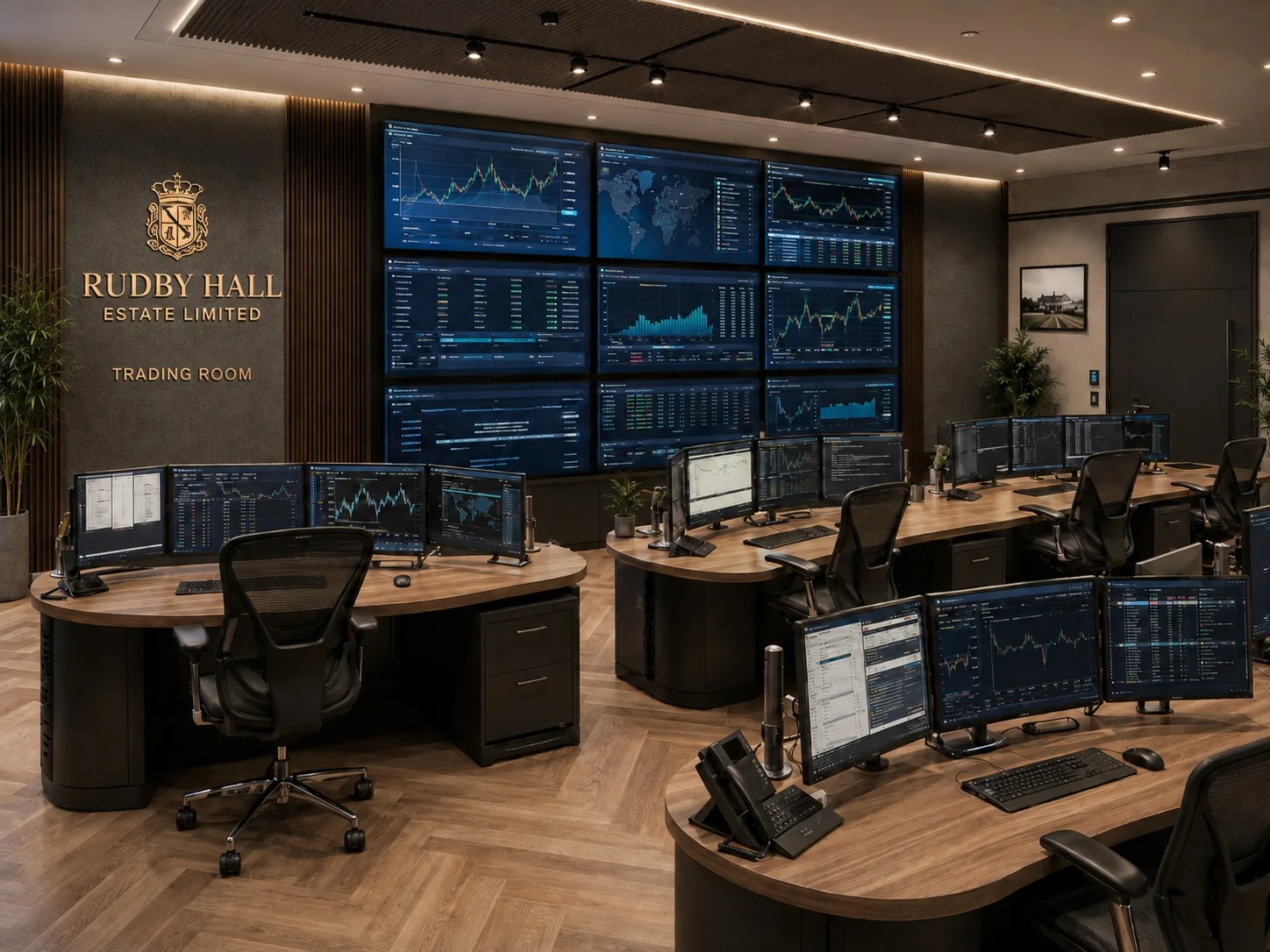 Concept illustration of an estate office workspace with desks and screens.